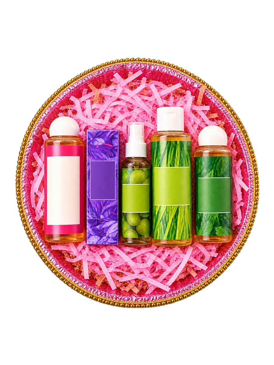 Round pink basket bath and body gift set, on a transparent studio-style background