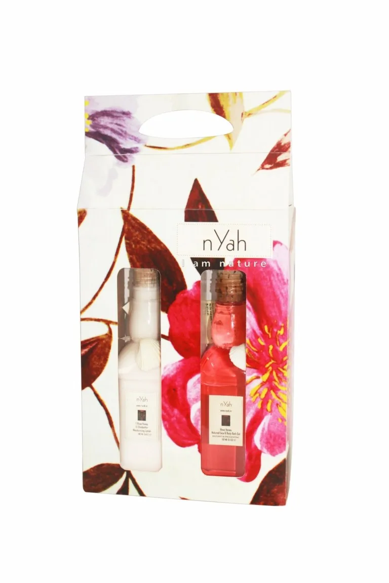 Nyah Large Floral Gift Shower Gels – 2 × 190 ml (Floral variant A), Floral illustrated gift carton with two red/pink-toned bottles.