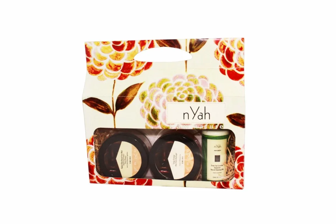Nyah Small Floral Gift Facial Kit – 3-piece, Floral illustrated carton with three visible facial-care items.