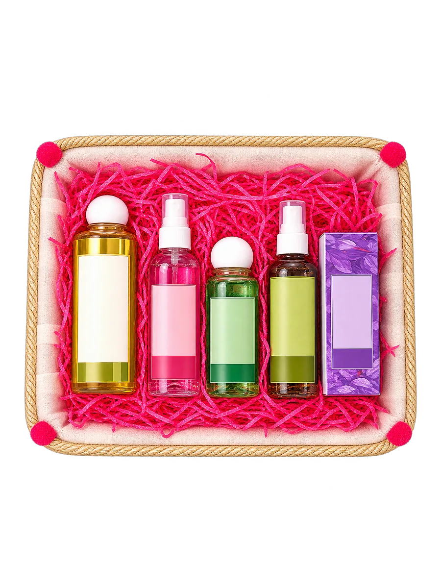 Rectangular bath and body gift set, on a transparent studio-style background