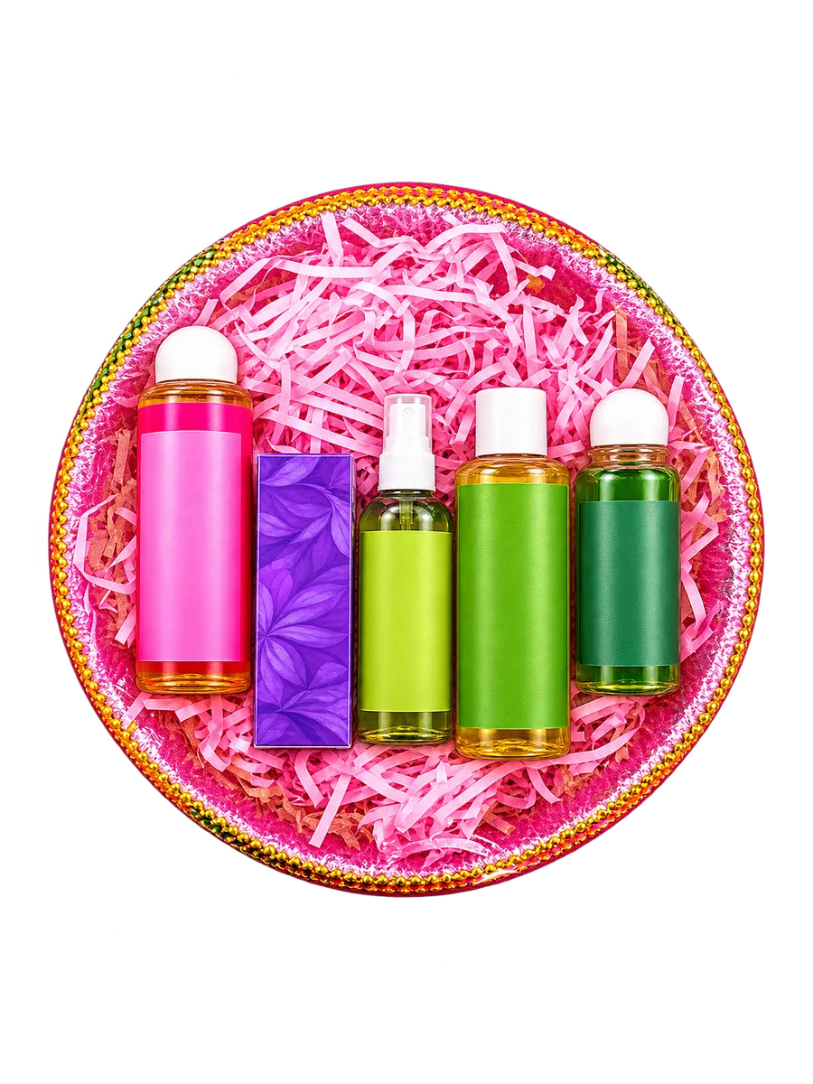 Heart-shaped bath and body gift set, on a transparent studio-style background