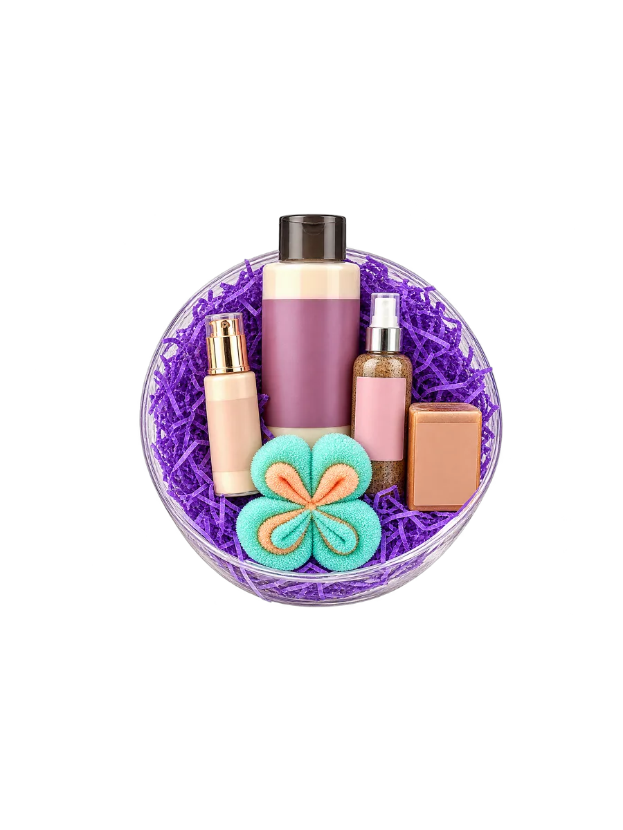 Purple basket personal-care gift set, on a transparent studio-style background