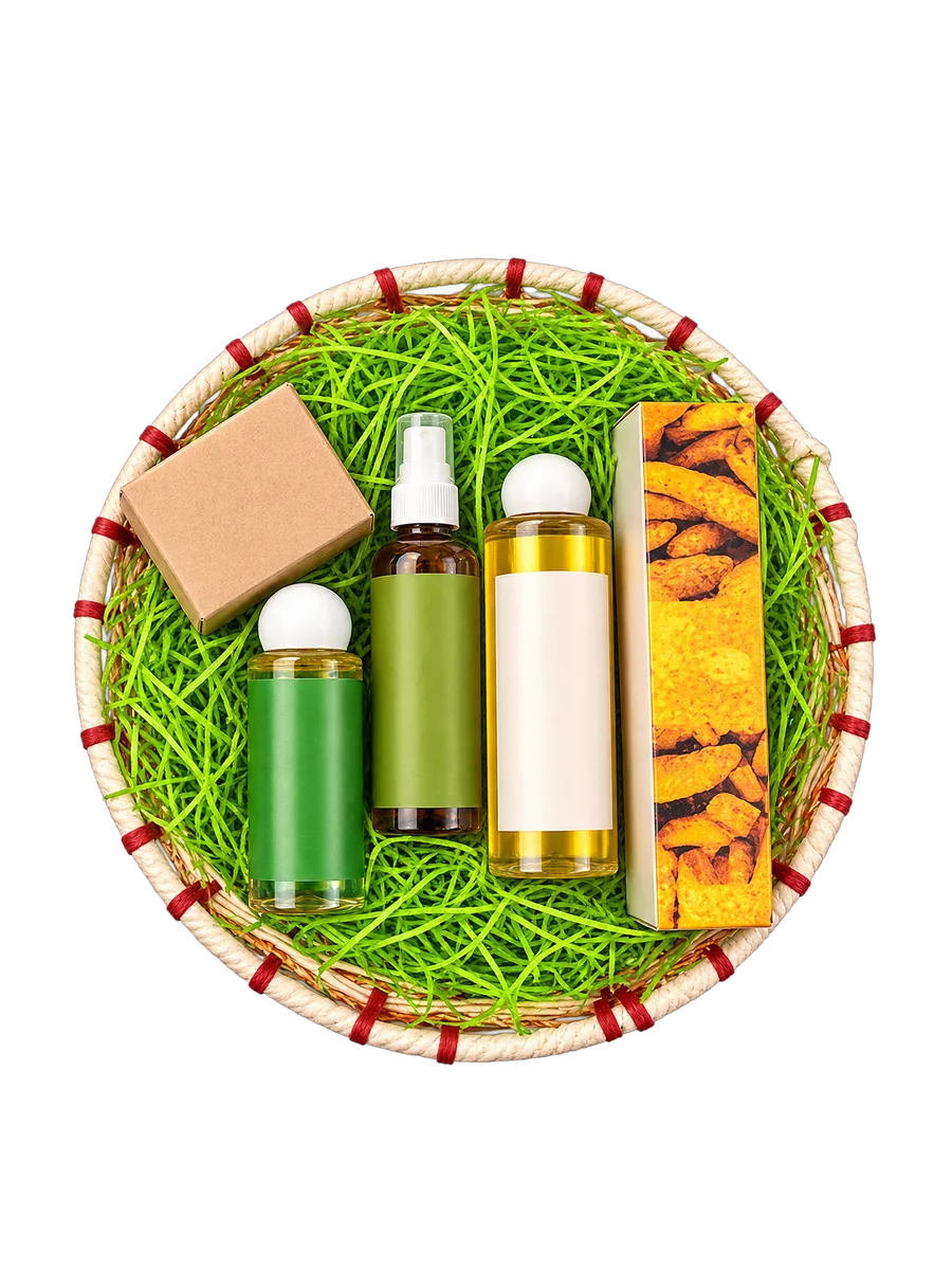 Woven basket bath and body gift set, on a transparent studio-style background