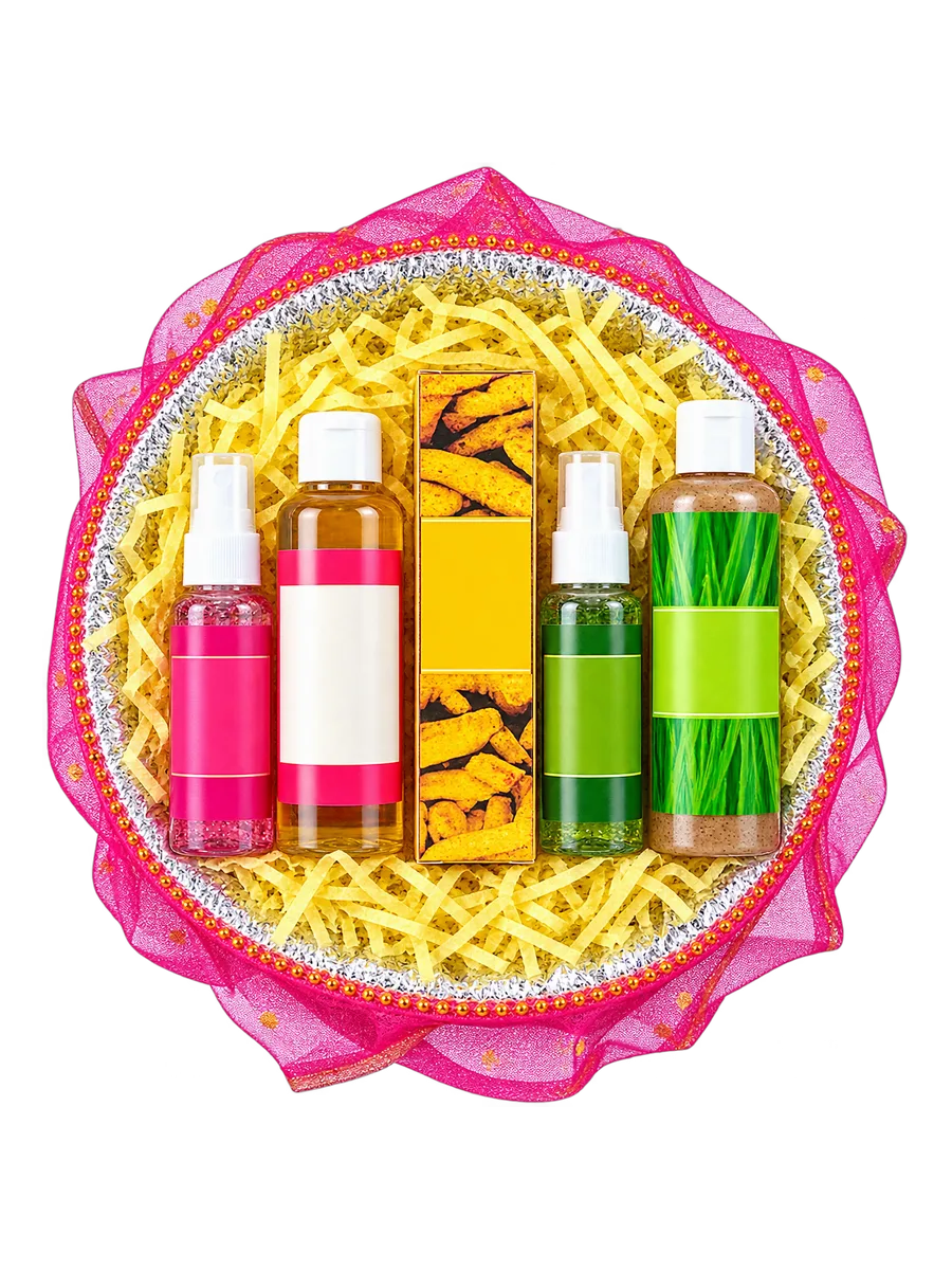 Round basket bath and body gift set with yellow packages, on a transparent studio-style background