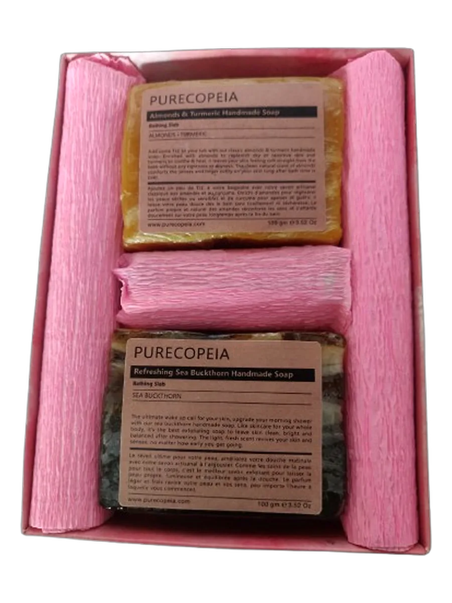 Pink presentation box two-piece soap set, on a transparent studio-style background