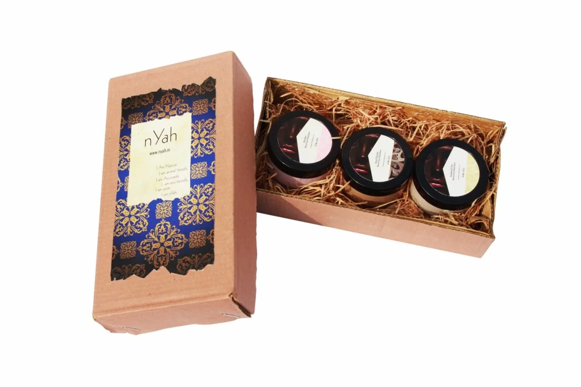 Nyah Medium Royal Handmade Box Body Butters – 3 × 50 g, Open decorative box with three round containers and ornate blue/gold-style lid.