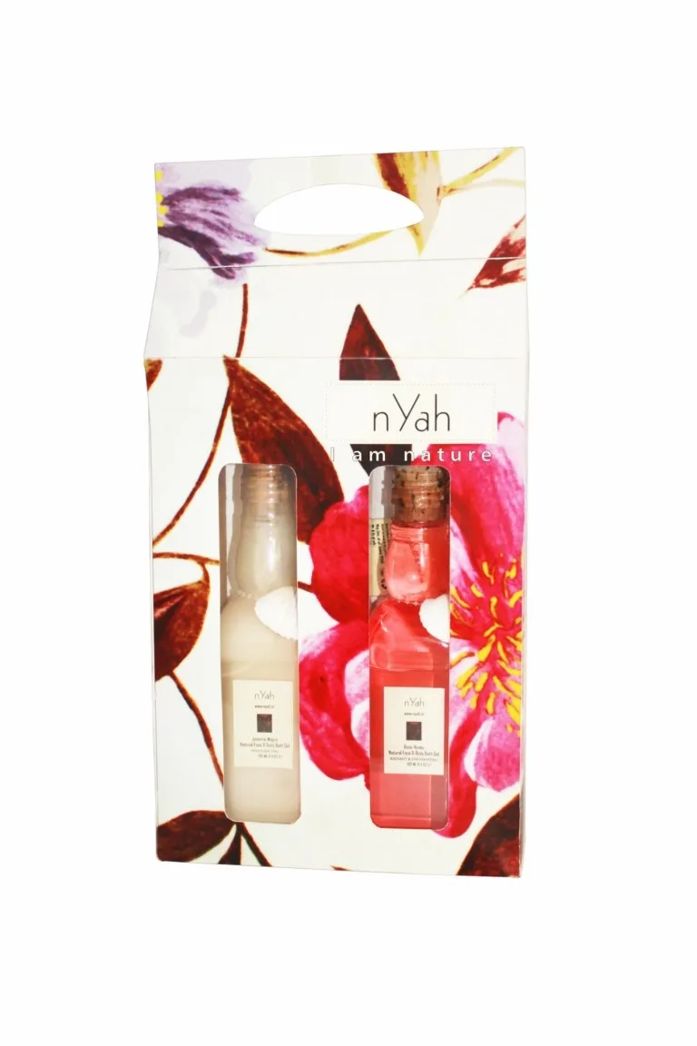 Nyah Large Floral Gift Shower Gels – 2 × 190 ml (Floral variant B), Floral illustrated gift carton with two red/pink-toned bottles.